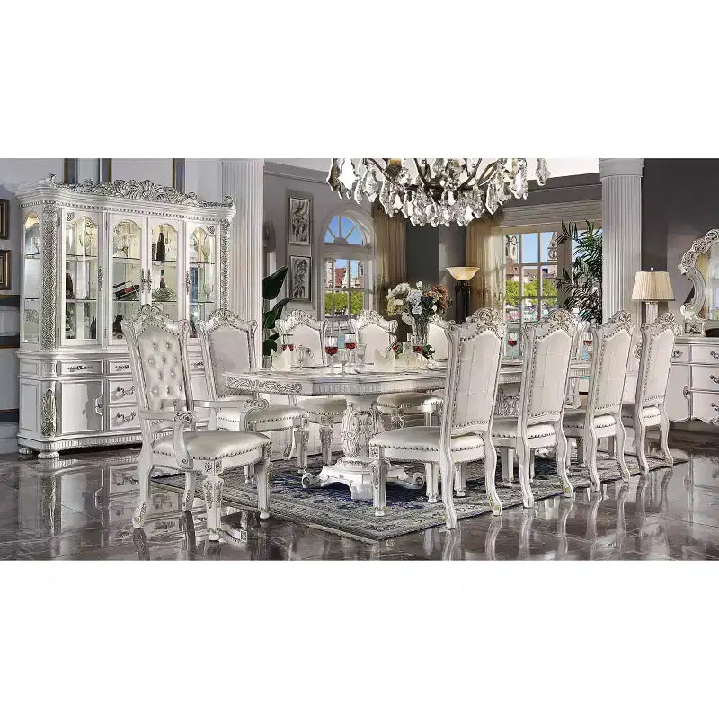Table de salle à manger classique à double piédestal de 345 cm, finition perle antique – 10 places