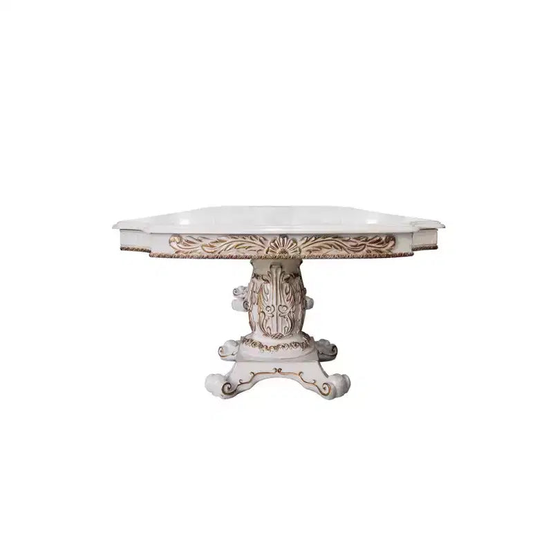 Table de salle à manger classique à double piédestal de 345 cm, finition perle antique – 10 places