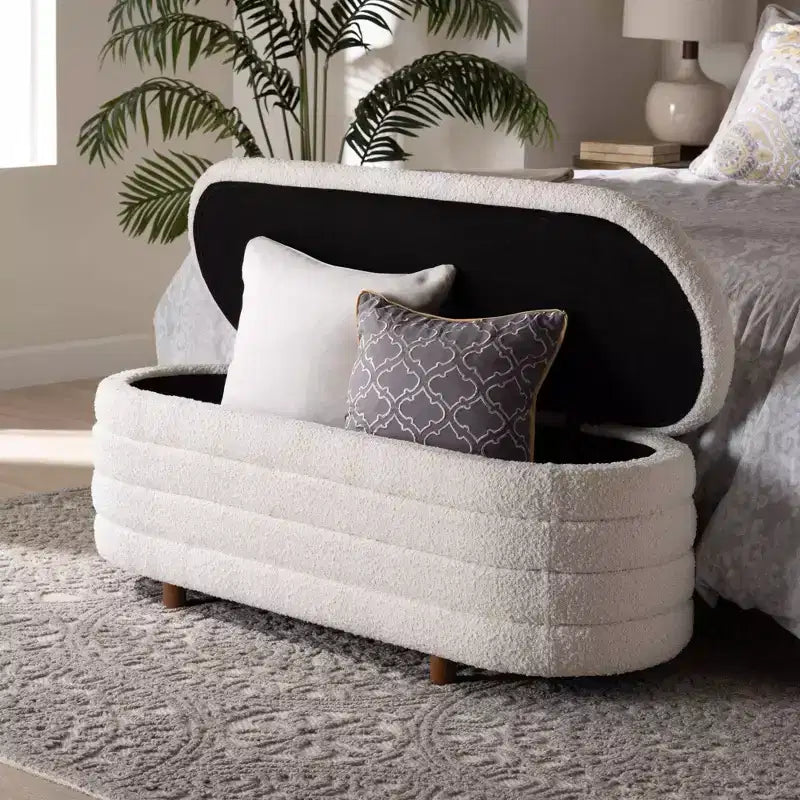 Banc de rangement à plateau relevable, bouclette crème/noyer