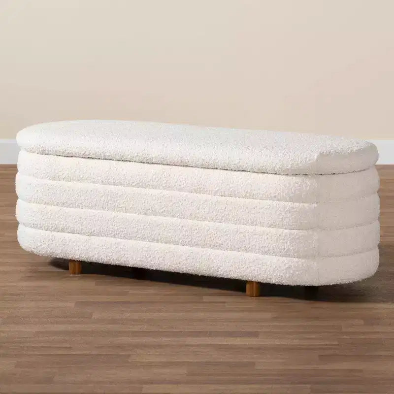 Banc de rangement à plateau relevable, bouclette crème/noyer
