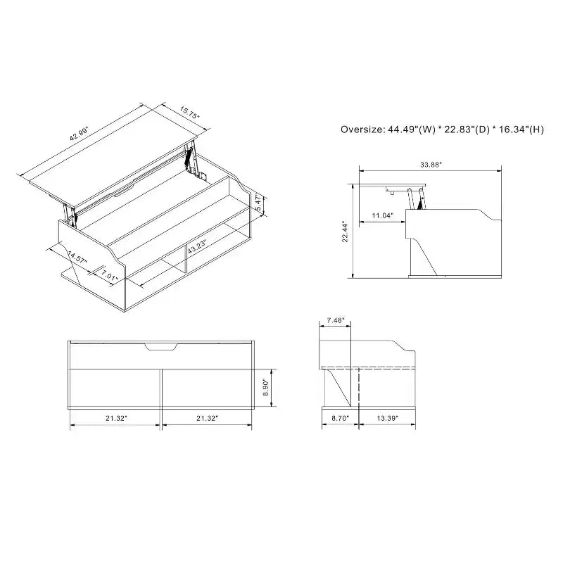 Table basse relevable de 44" avec rangement Chêne noir recyclé