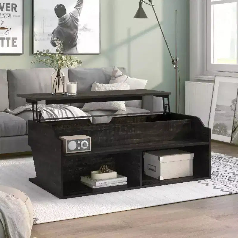 Table basse relevable de 44" avec rangement Chêne noir recyclé