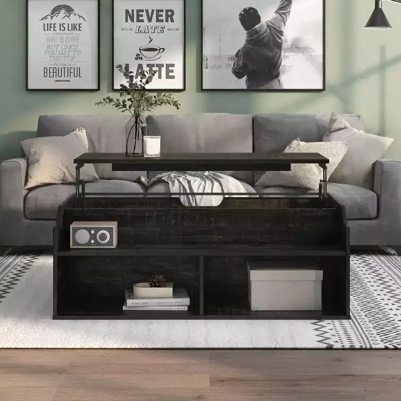 Table basse relevable de 44" avec rangement Chêne noir recyclé