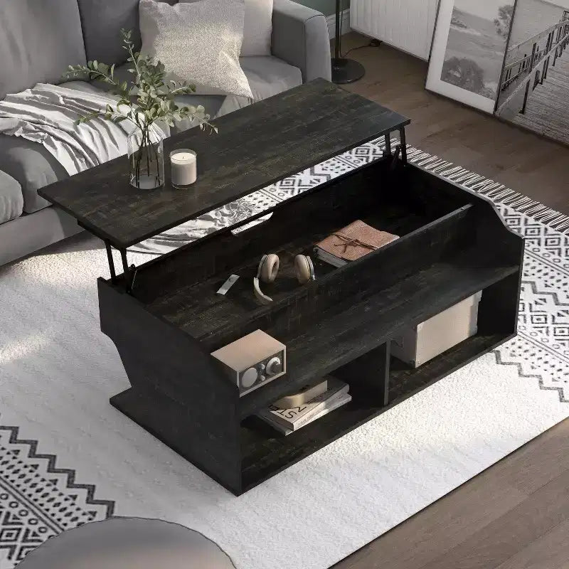 Table basse relevable de 44" avec rangement Chêne noir recyclé