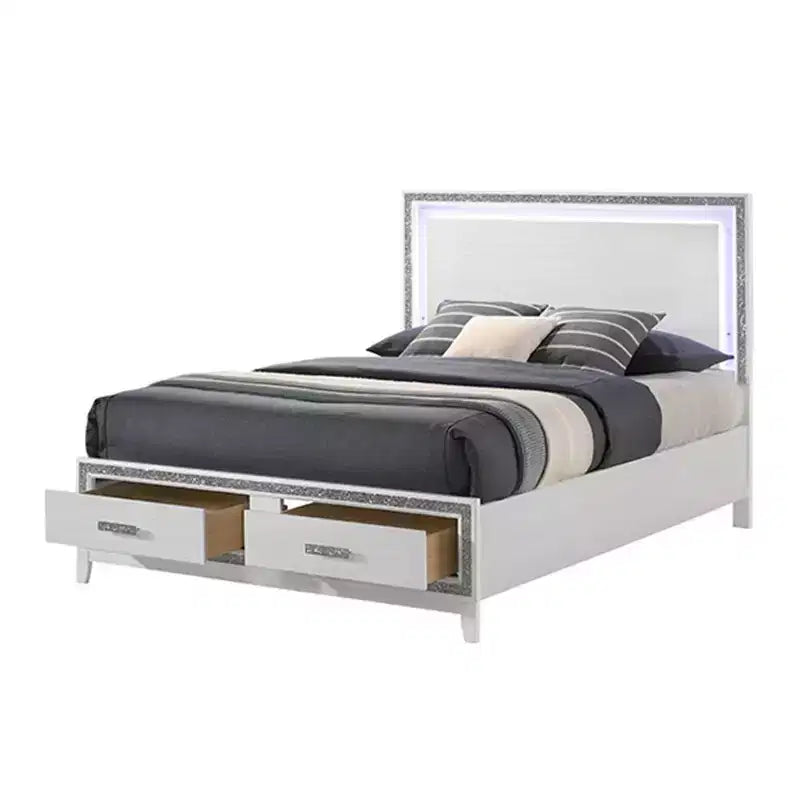 Acme Furniture 84" Eastern King Bed Haiden Bed White Finish: Faux Leather Upholstery, LED Light, Storage Drawer