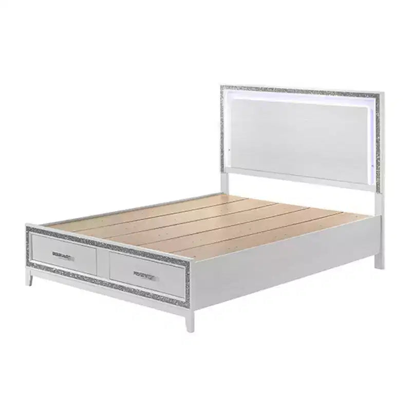 Lit King Oriental 84" Blanc – Similicuir, Tête de lit LED, Tiroir de rangement