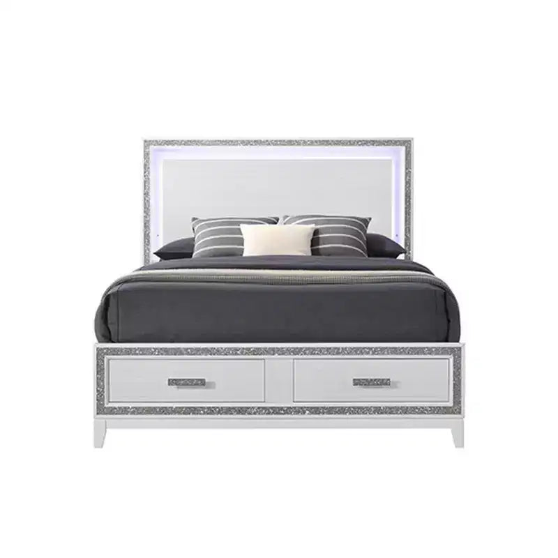 Lit King Oriental 84" Blanc – Similicuir, Tête de lit LED, Tiroir de rangement