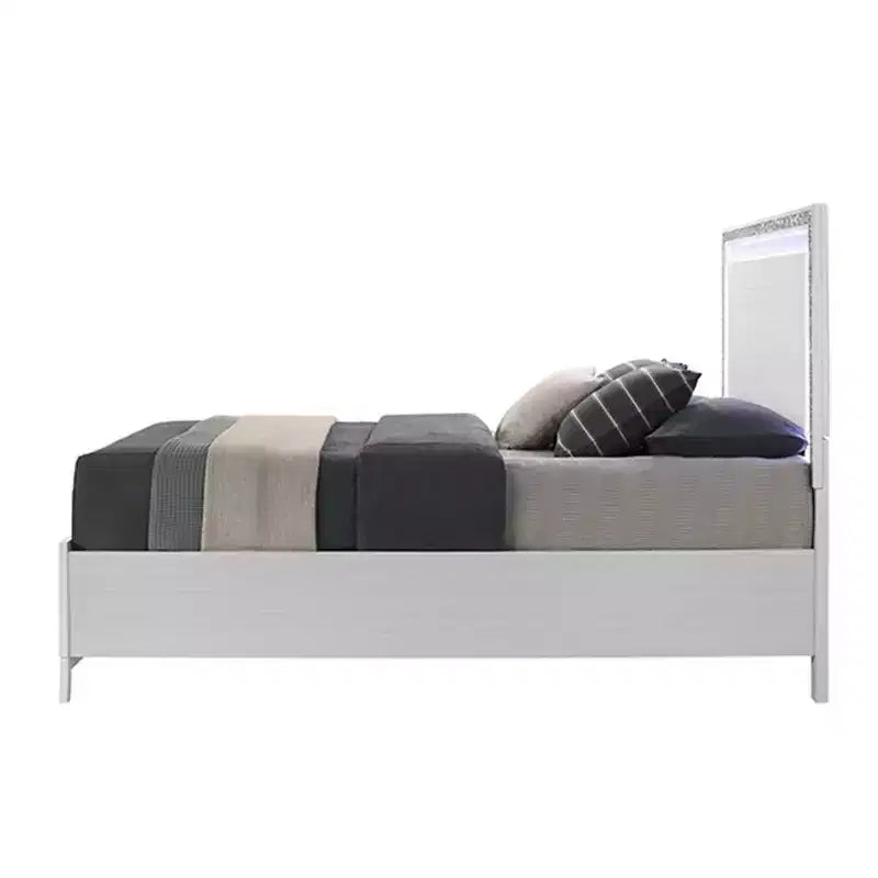 Lit King Oriental 84" Blanc – Similicuir, Tête de lit LED, Tiroir de rangement