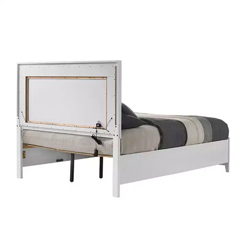 Lit King Oriental 84" Blanc – Similicuir, Tête de lit LED, Tiroir de rangement