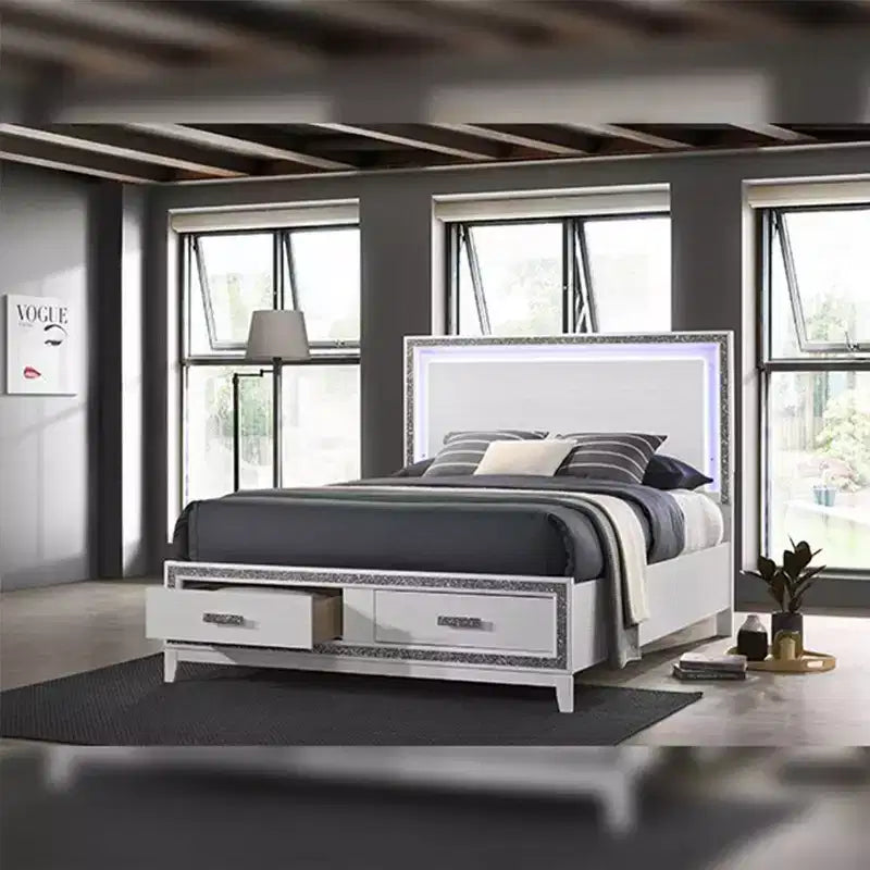 Lit King Oriental 84" Blanc – Similicuir, Tête de lit LED, Tiroir de rangement