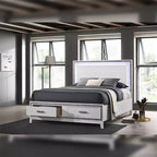 Lit King Oriental 84" Blanc – Similicuir, Tête de lit LED, Tiroir de rangement
