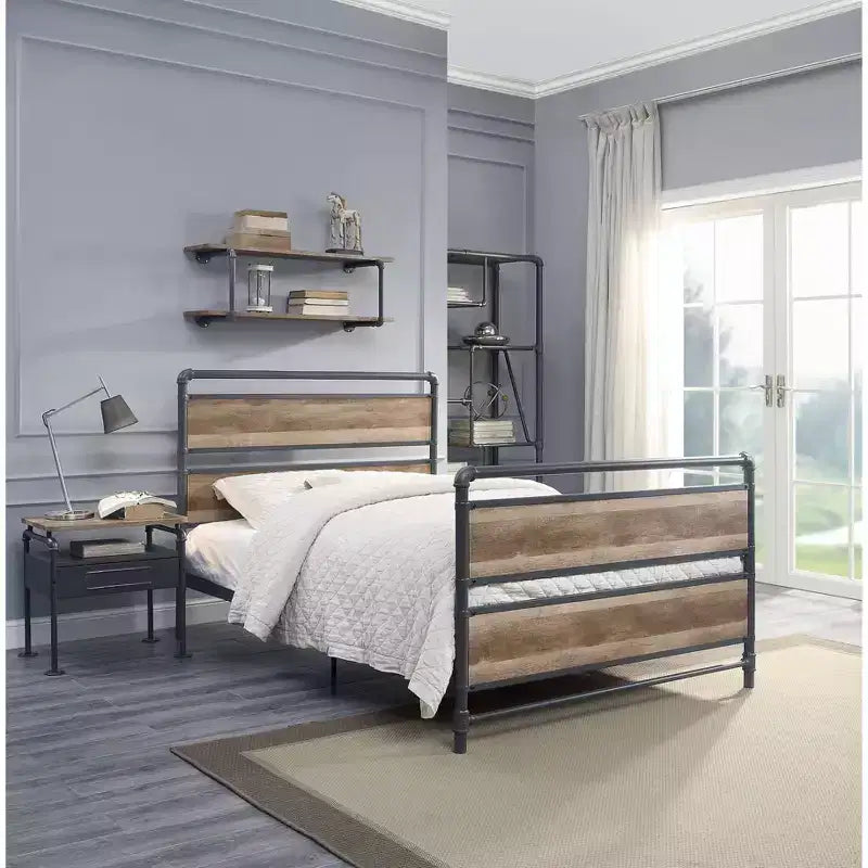 Lit double 78" en chêne antique et gris sablé