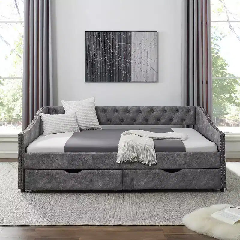 Full Size Upholstered Button Tufted Sofa Bed with Drawers and Waved Shape Arm, Gray - ModernLuxe
