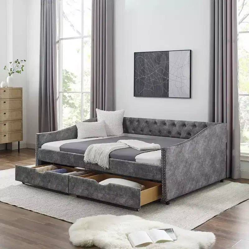 Canapé-lit capitonné pleine taille avec tiroirs et accoudoirs ondulés gris