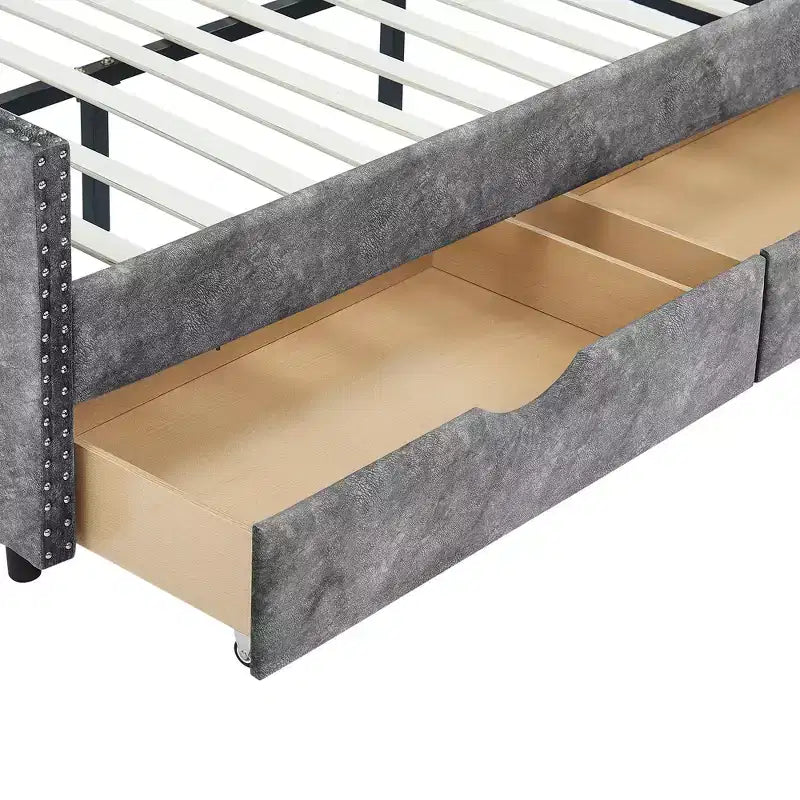 Canapé-lit capitonné pleine taille avec tiroirs et accoudoirs ondulés gris
