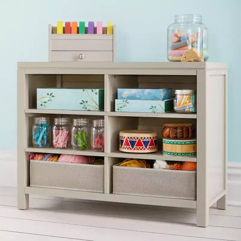 Martha Stewart Crafting Kids' Double Open Storage: Children's Wooden Arts and Crafts Supply Organizer with Fabric Bin Storage