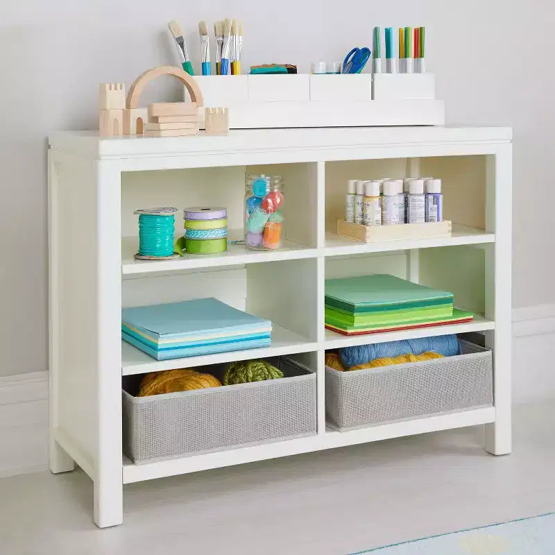 Meuble de rangement double ouvert pour enfants avec bacs en tissu pour les activités artistiques et manuelles