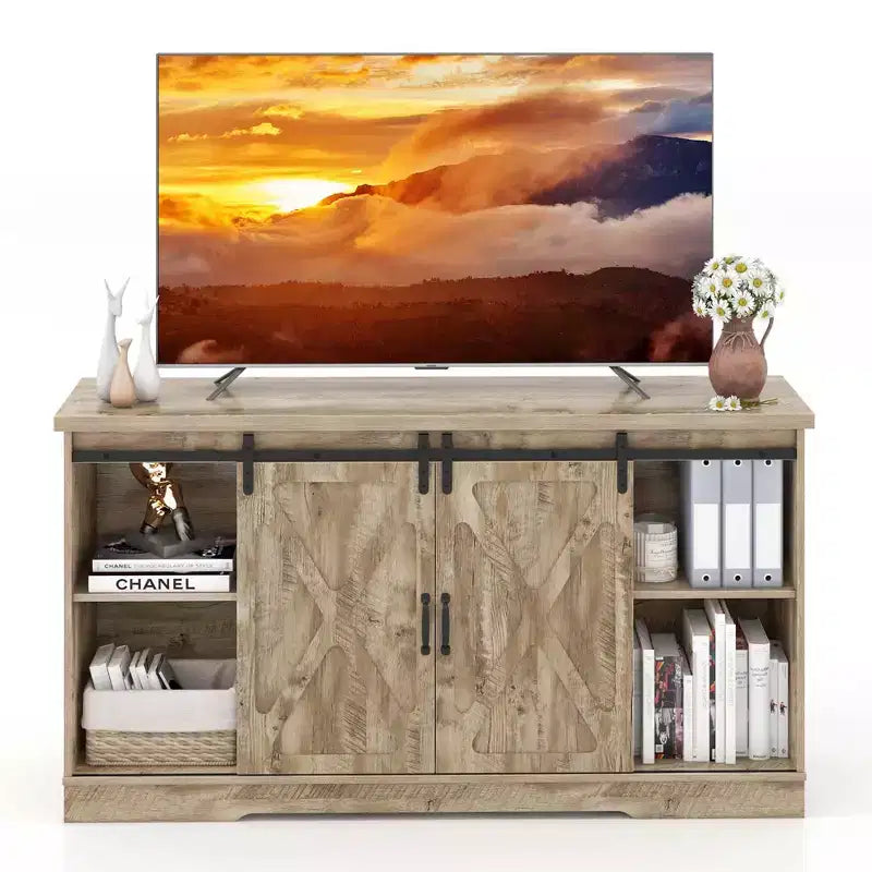 Meuble TV de style rustique avec portes coulissantes façon porte de grange et étagères réglables pour téléviseurs jusqu'à 65 pouces