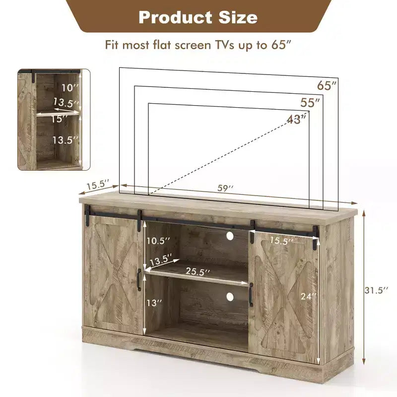 Meuble TV de style rustique avec portes coulissantes façon porte de grange et étagères réglables pour téléviseurs jusqu'à 65 pouces