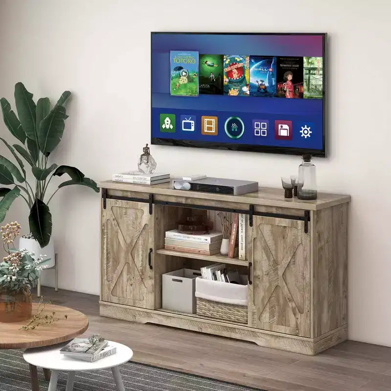 Meuble TV de style rustique avec portes coulissantes façon porte de grange et étagères réglables pour téléviseurs jusqu'à 65 pouces