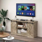 Meuble TV de style rustique avec portes coulissantes façon porte de grange et étagères réglables pour téléviseurs jusqu'à 65 pouces