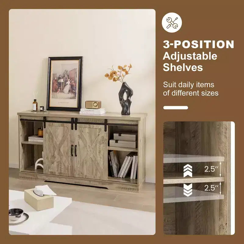 Meuble TV de style rustique avec portes coulissantes façon porte de grange et étagères réglables pour téléviseurs jusqu'à 65 pouces