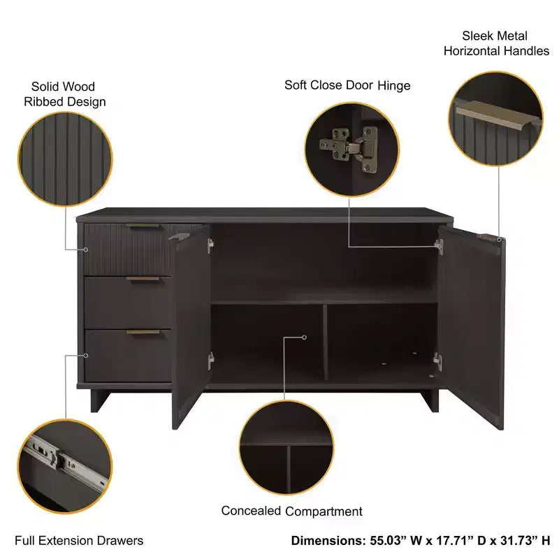 Buffet moderne 55 po à 3 tiroirs Blanc lustré