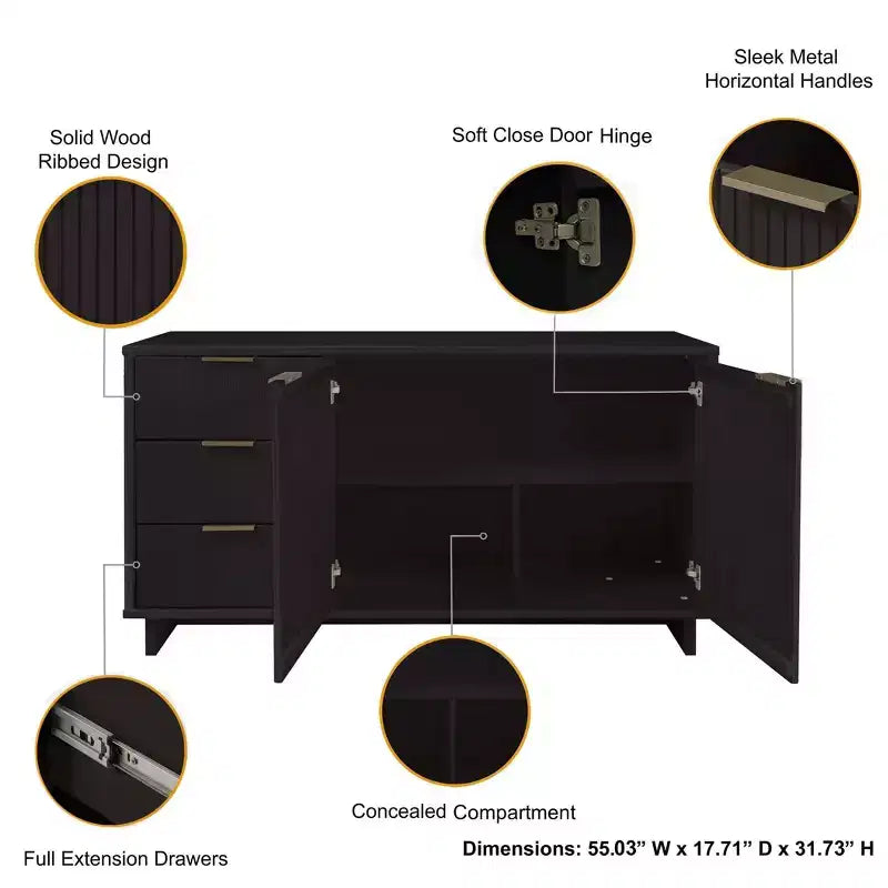 Buffet moderne 55 po à 3 tiroirs Blanc lustré