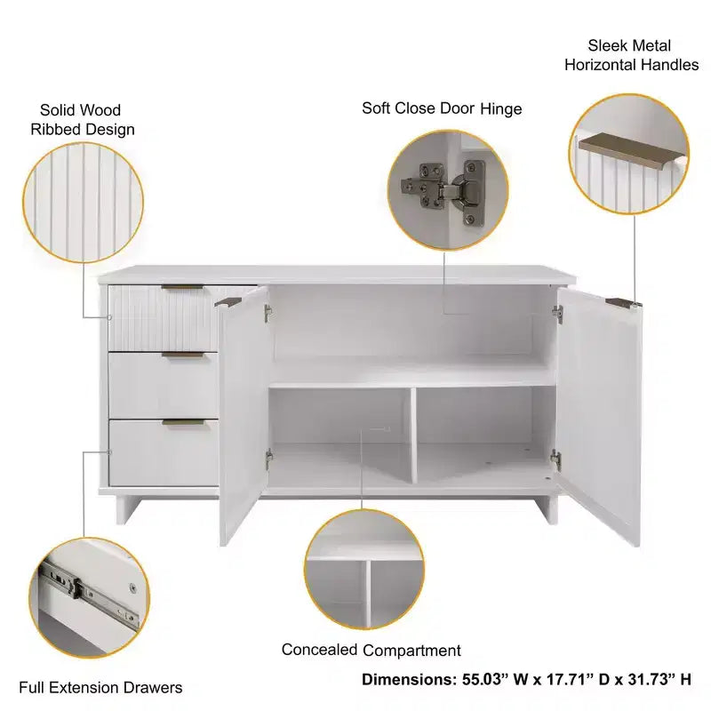 Buffet moderne 55 po à 3 tiroirs Blanc lustré