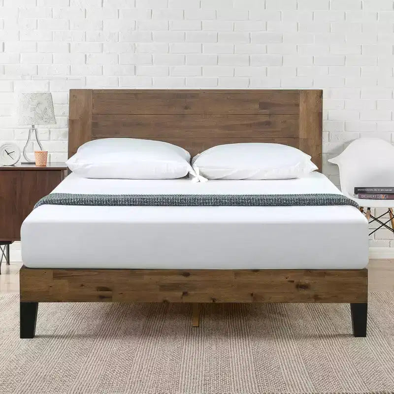Cadre de lit plateforme en bois avec tête de lit marron