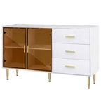 Buffet moderne de 60 po avec portes en verre ambré et pieds en métal doré