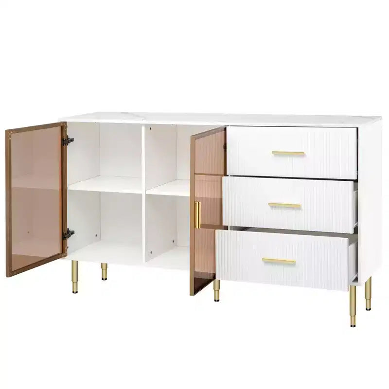 Buffet moderne de 60 po avec portes en verre ambré et pieds en métal doré