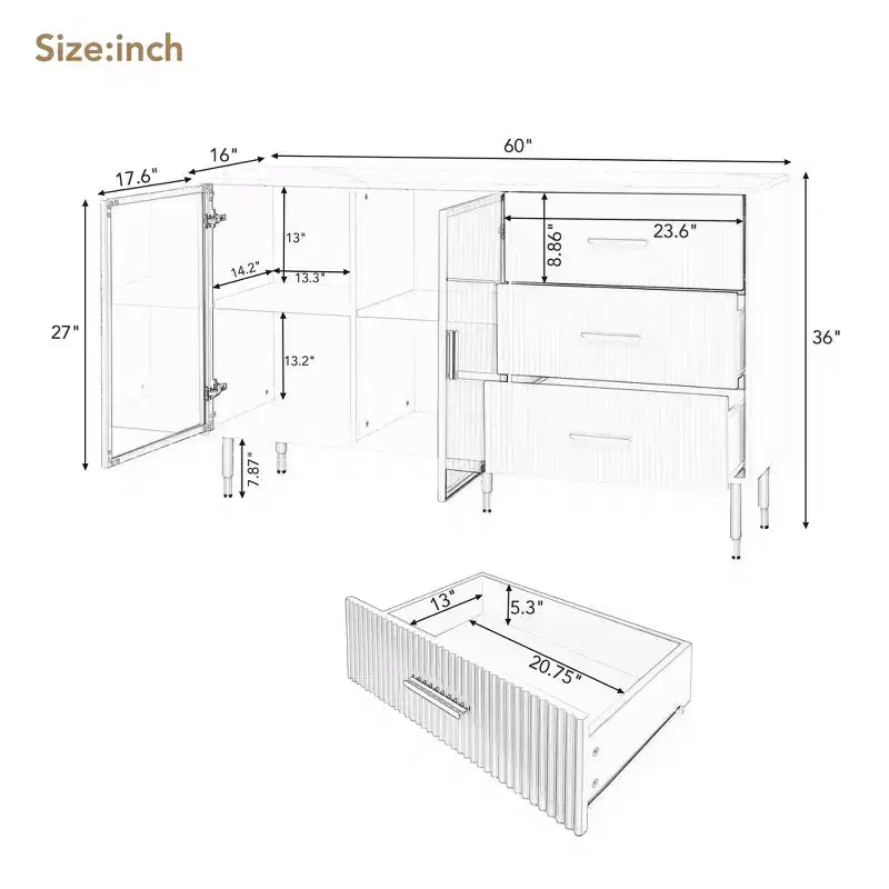 Buffet moderne de 60 po avec portes en verre ambré et pieds en métal doré