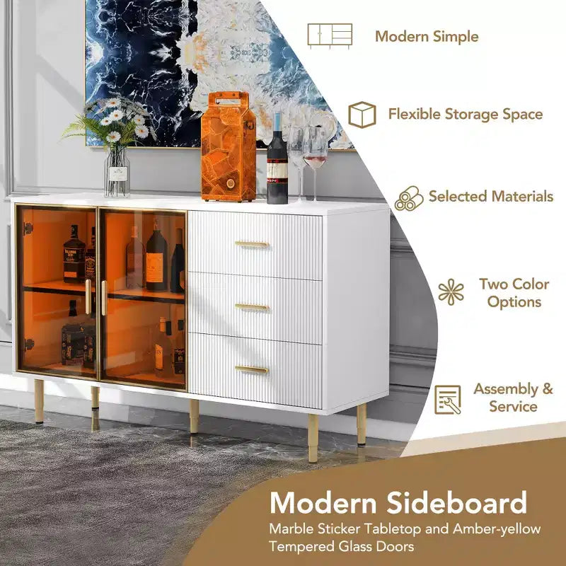 Buffet moderne de 60 po avec portes en verre ambré et pieds en métal doré