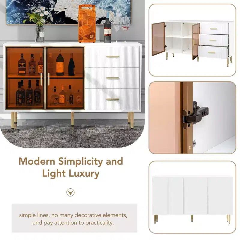 Buffet moderne de 60 po avec portes en verre ambré et pieds en métal doré