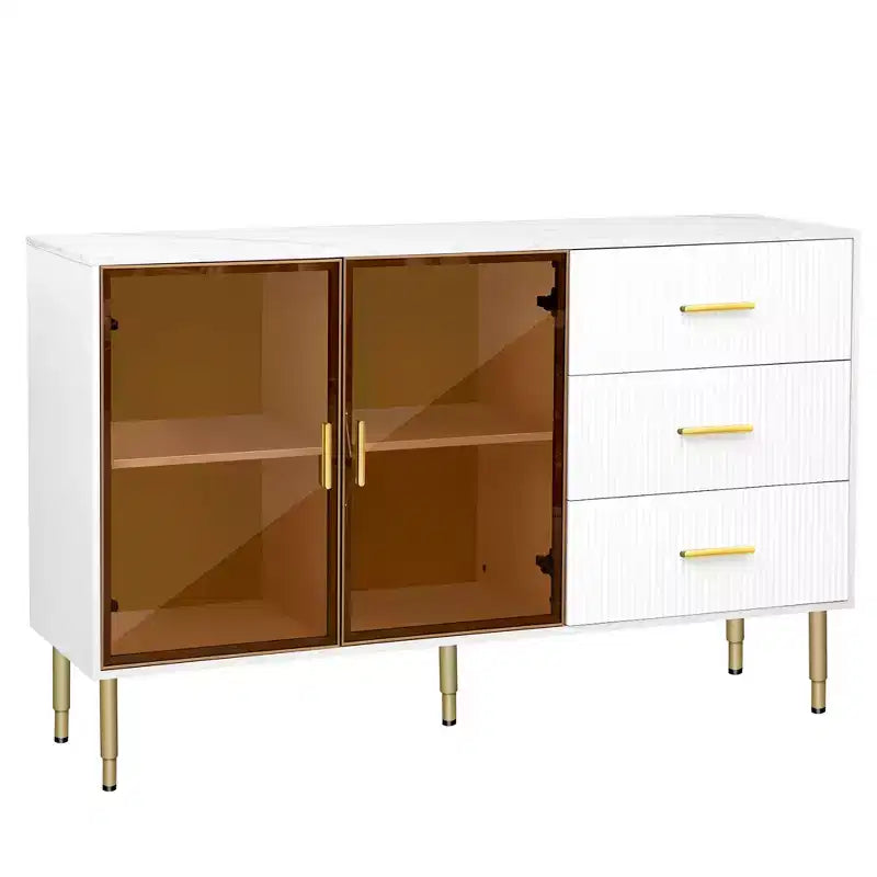 Buffet moderne de 60 po avec portes en verre ambré et pieds en métal doré