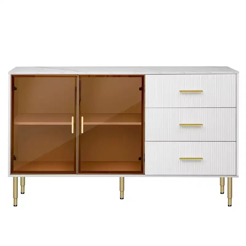 Buffet moderne de 60 po avec portes en verre ambré et pieds en métal doré