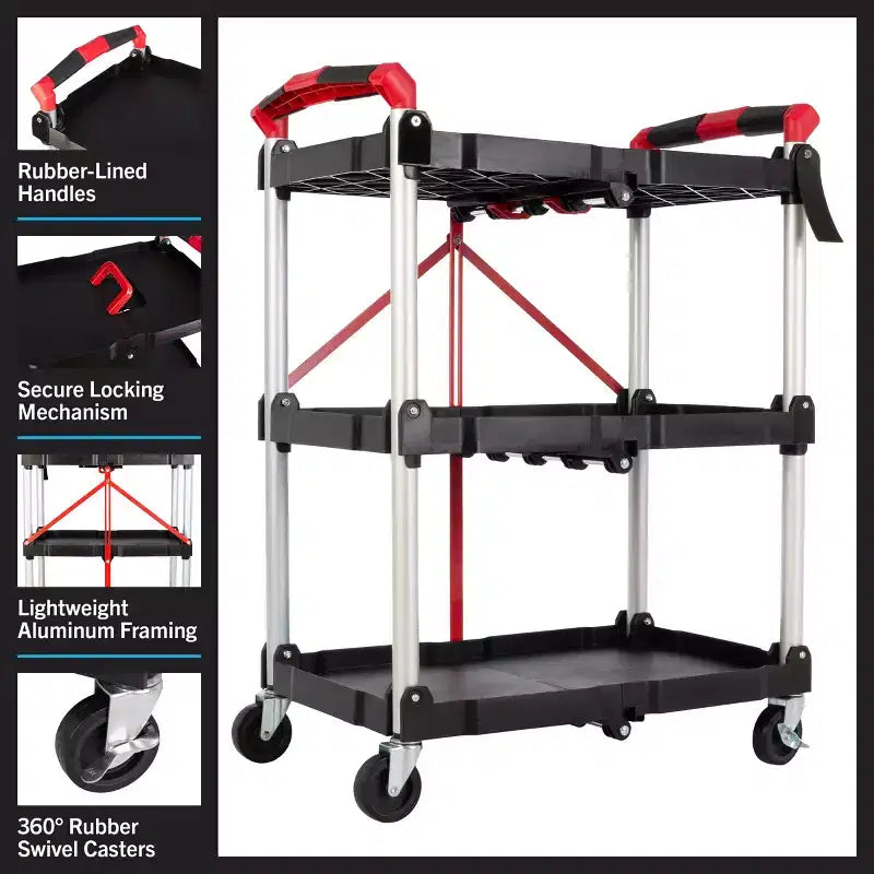 Chariot utilitaire pliable avec roulettes, capacité de 22,7 kg par étagère