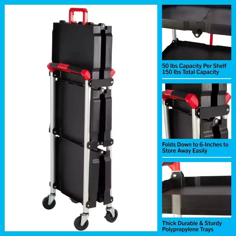 Chariot utilitaire pliable avec roulettes, capacité de 22,7 kg par étagère