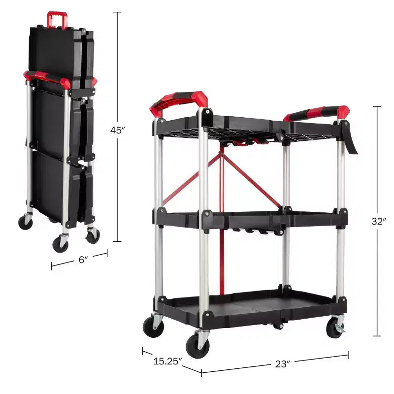 Chariot utilitaire pliable avec roulettes, capacité de 22,7 kg par étagère