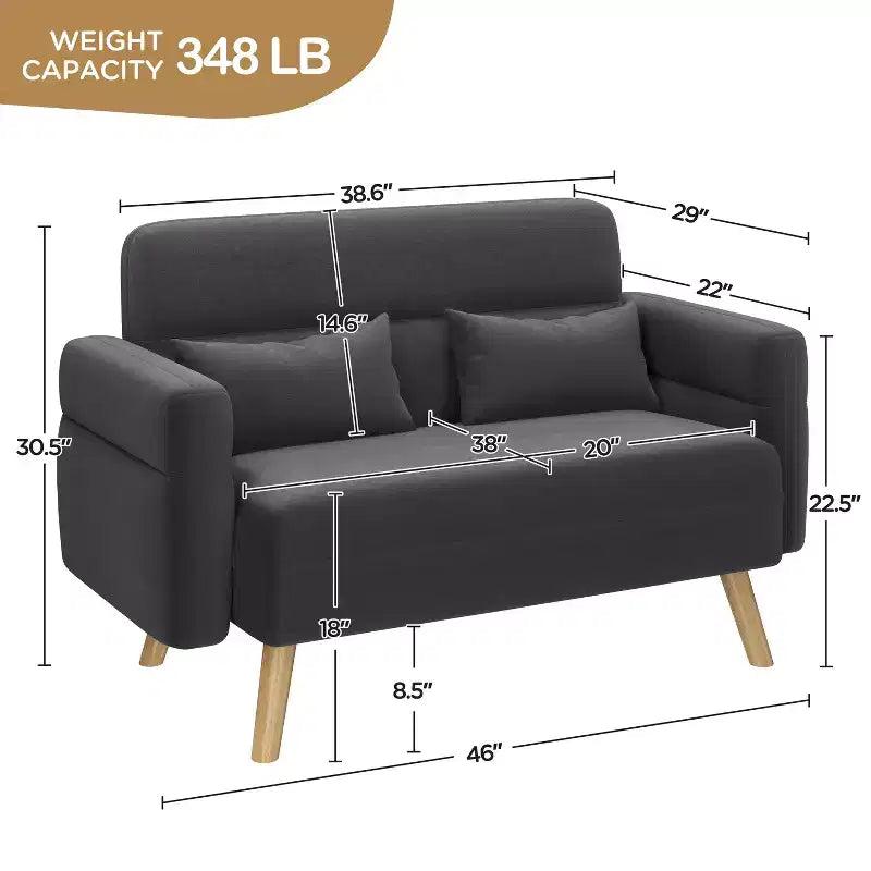 Causeuse en tissu de 46 po avec oreiller lombaire pour bureau ou chambre à coucher