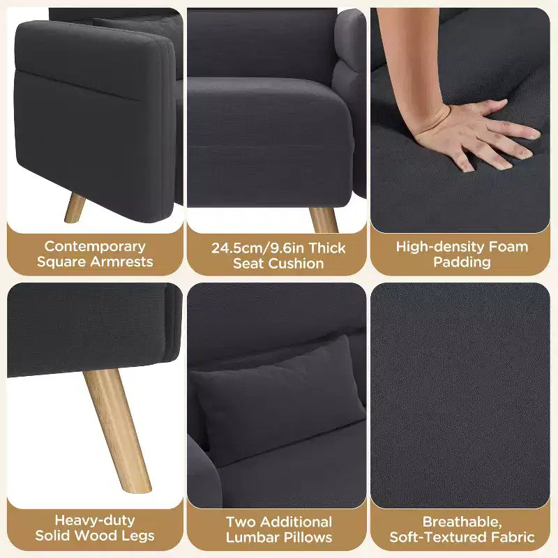 Causeuse en tissu de 46 po avec oreiller lombaire pour bureau ou chambre à coucher