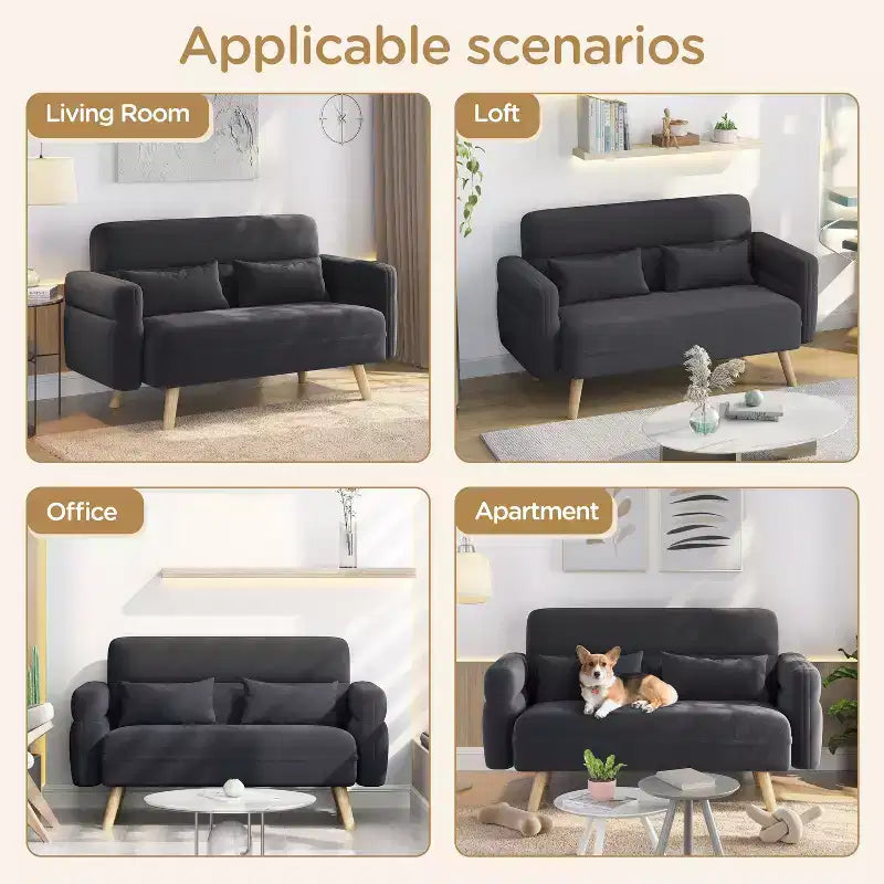 Causeuse en tissu de 46 po avec oreiller lombaire pour bureau ou chambre à coucher