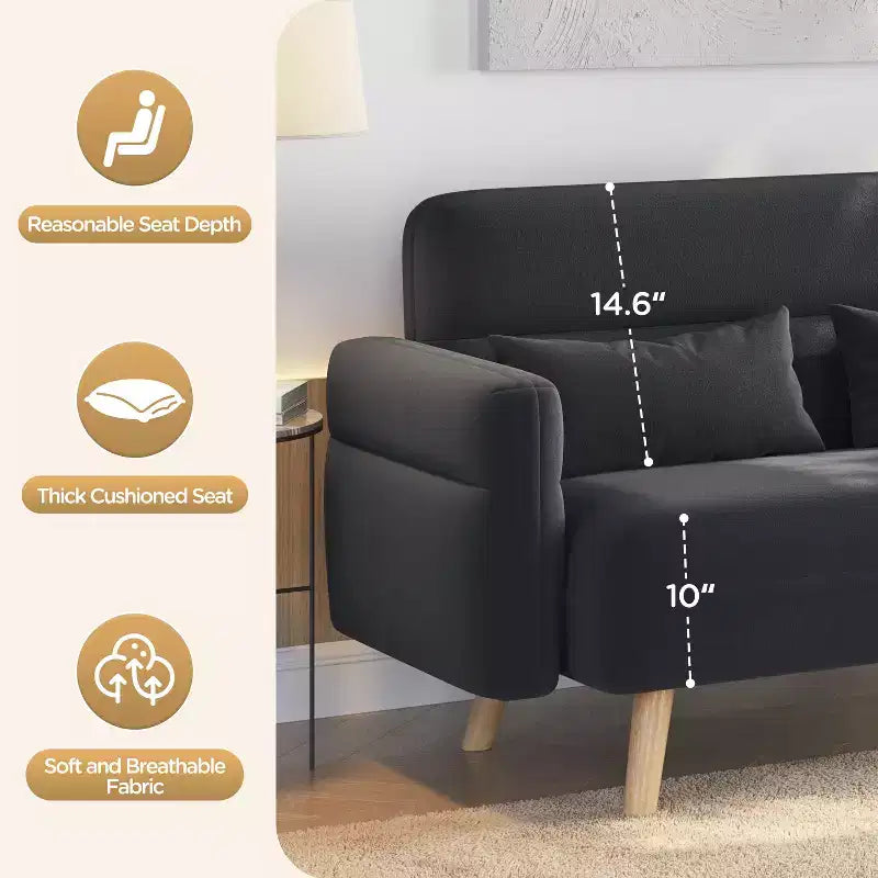 Causeuse en tissu de 46 po avec oreiller lombaire pour bureau ou chambre à coucher
