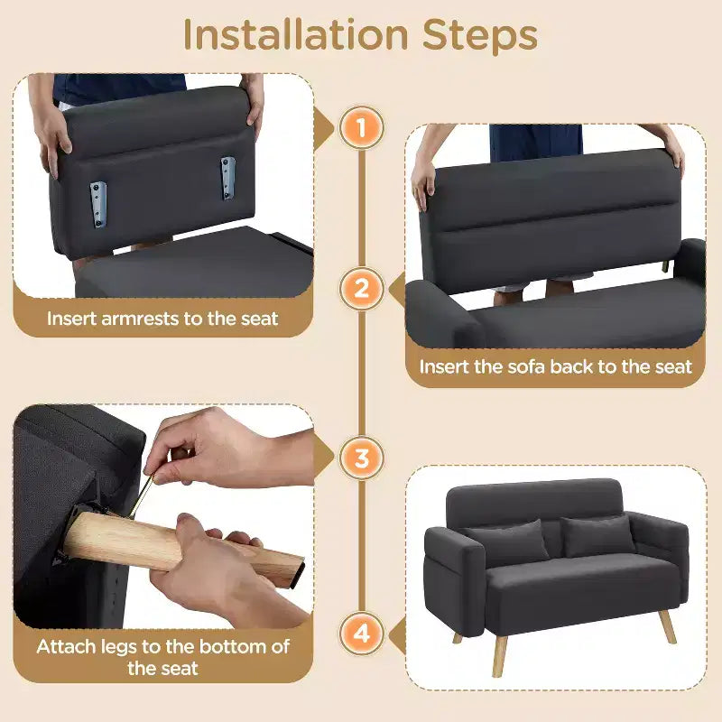 Causeuse en tissu de 46 po avec oreiller lombaire pour bureau ou chambre à coucher