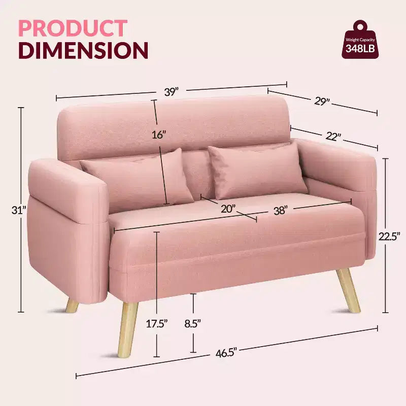 Causeuse en tissu de 46 po avec oreiller lombaire pour bureau ou chambre à coucher