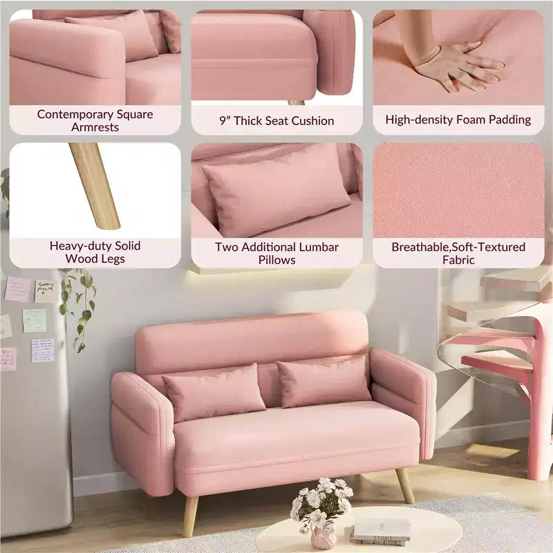 Causeuse en tissu de 46 po avec oreiller lombaire pour bureau ou chambre à coucher