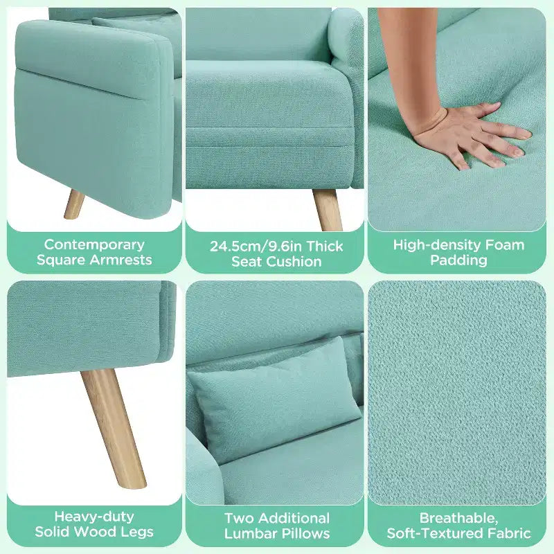 Causeuse en tissu de 46 po avec oreiller lombaire pour bureau ou chambre à coucher