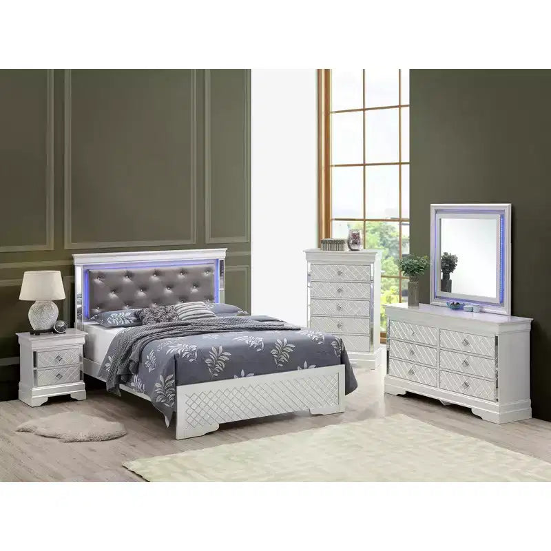 Lit panneau avec tête de lit LED et bordure miroir