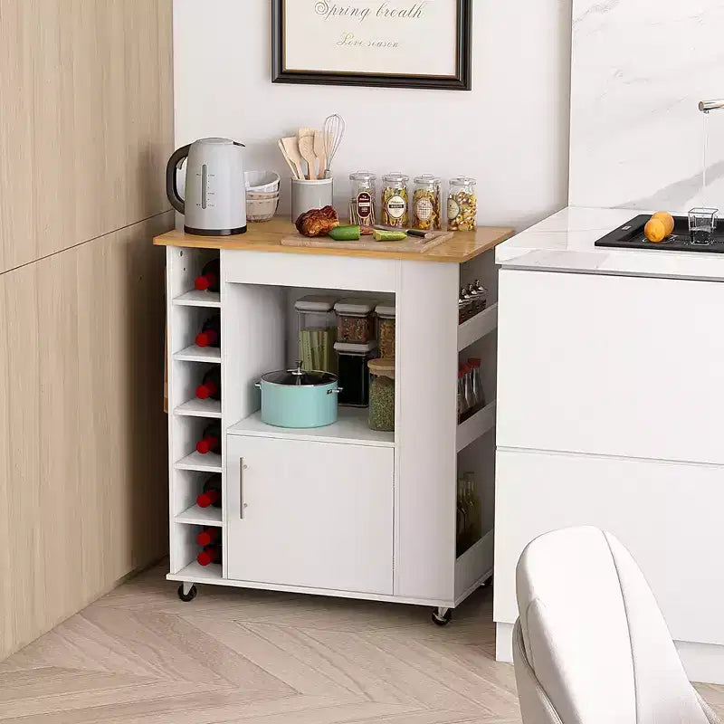 Desserte de cuisine roulante avec plateau en bambou, porte-bouteilles, porte-serviettes et porte-épices Blanc